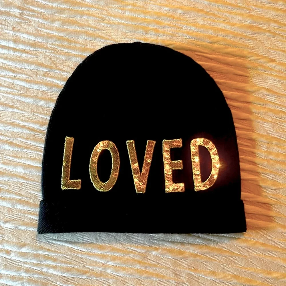 Gucci beanie hat with sequined LOVED decal on front
